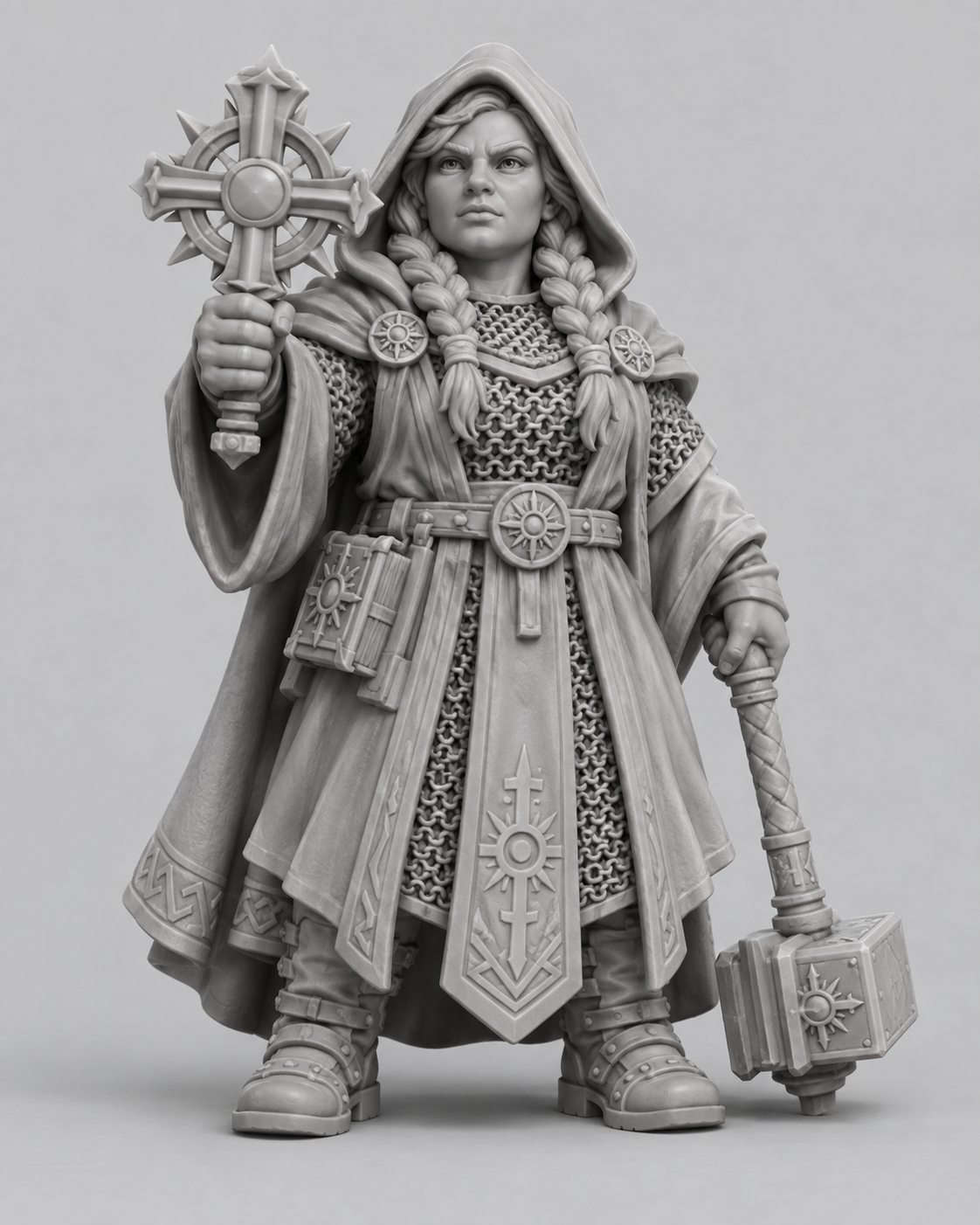 Unpainted dwarf cleric miniature, front view