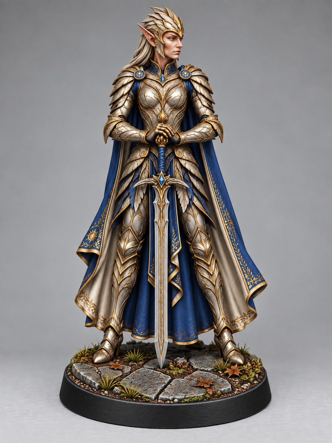 Painted female elven knight miniature on themed base, front view