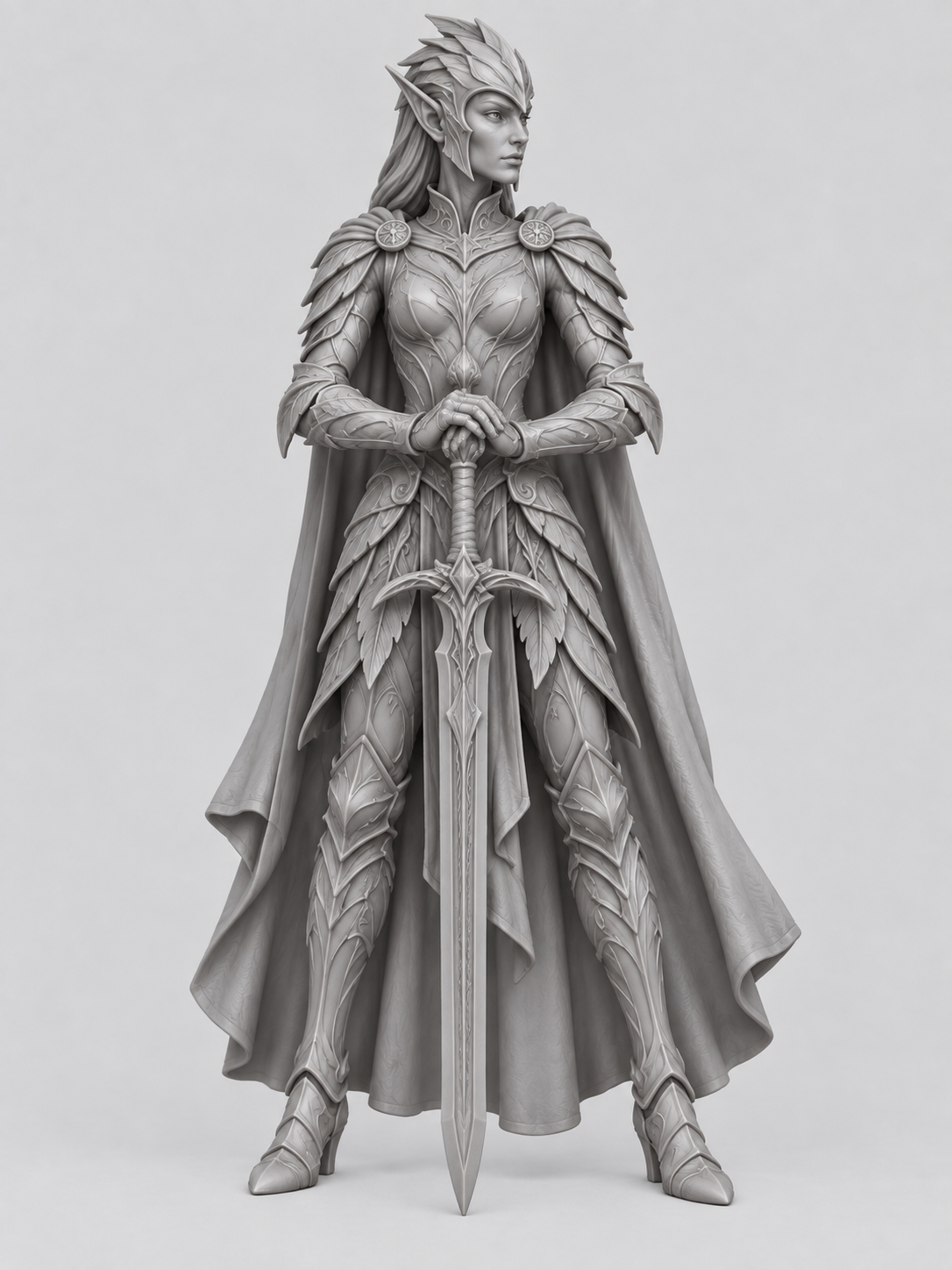 Unpainted female elven knight miniature, front view