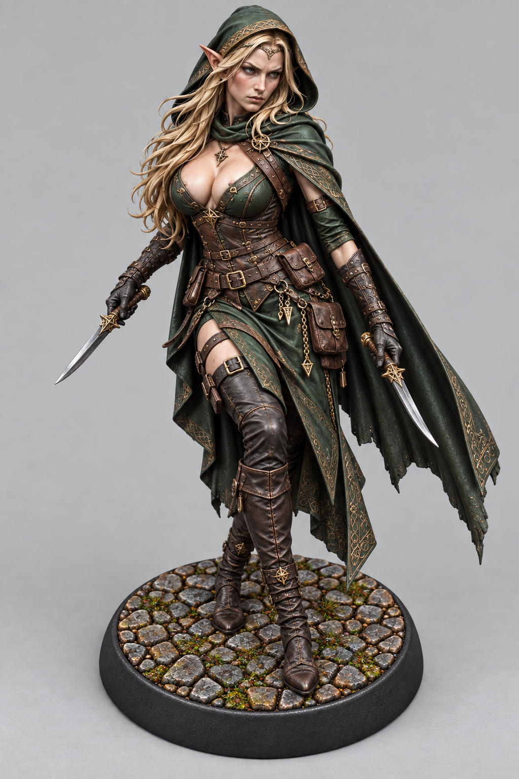 Painted elven rogue miniature with twin daggers on themed base, front view