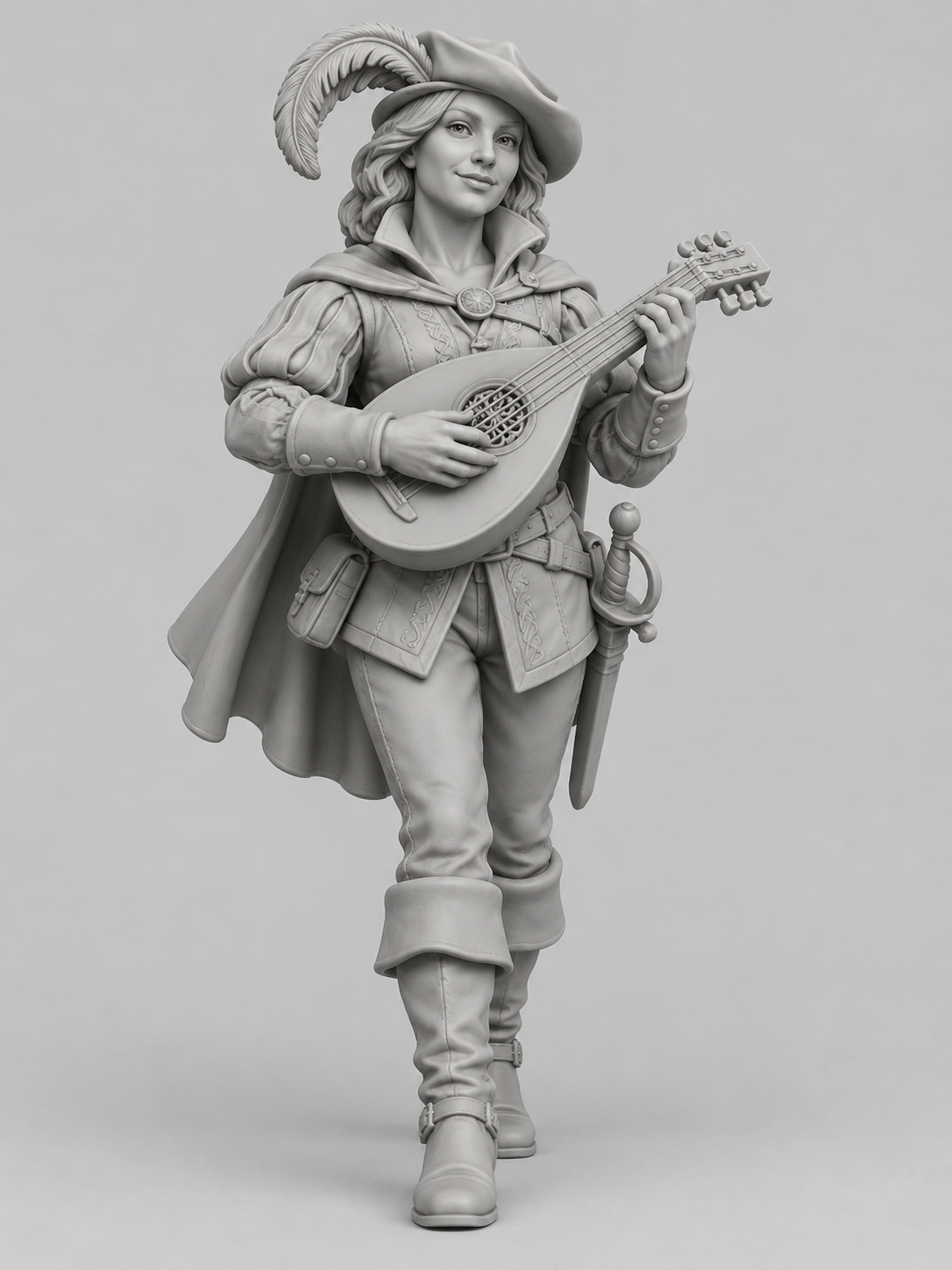 Unpainted human bard miniature, front view