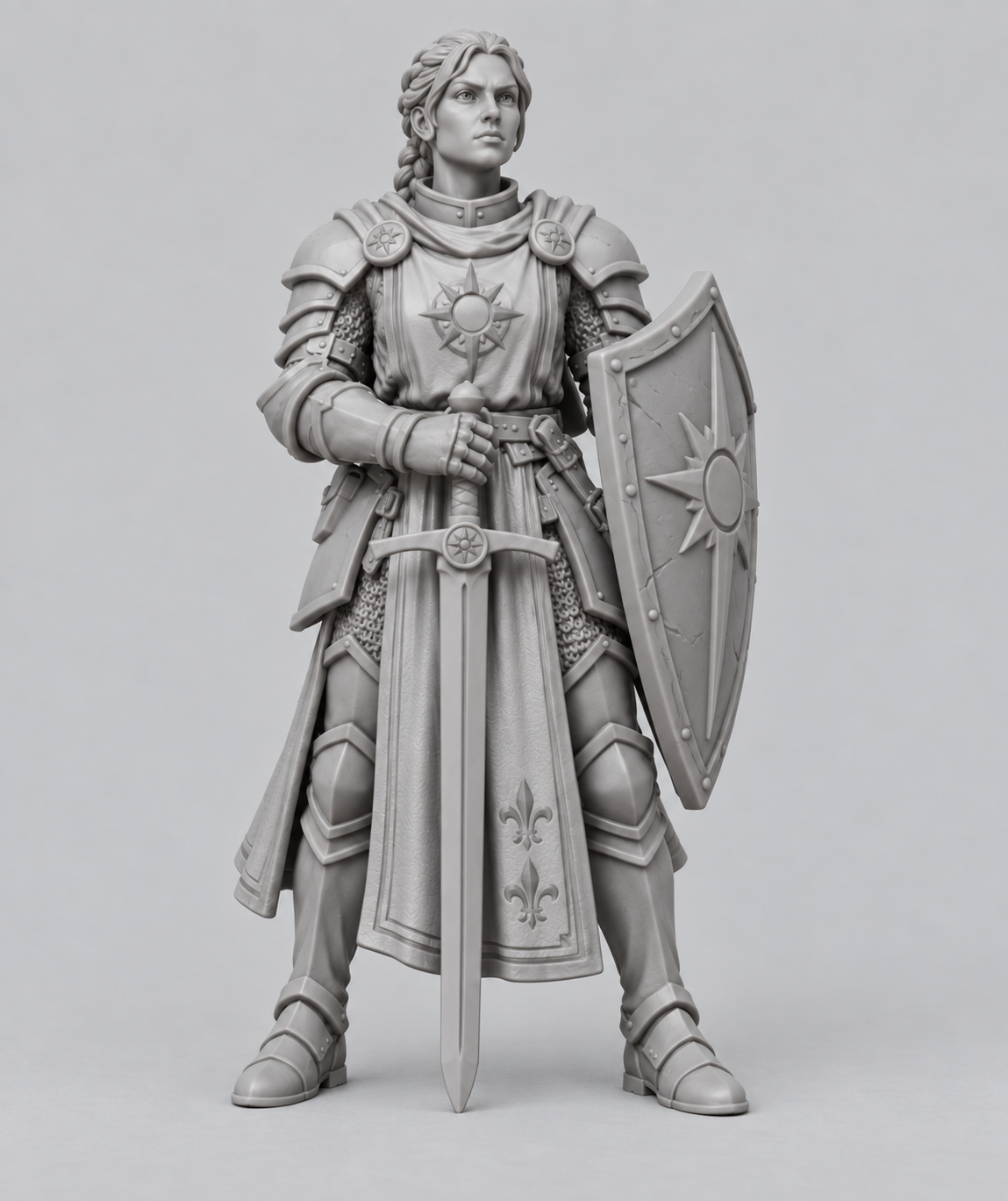Unpainted human paladin miniature, front view