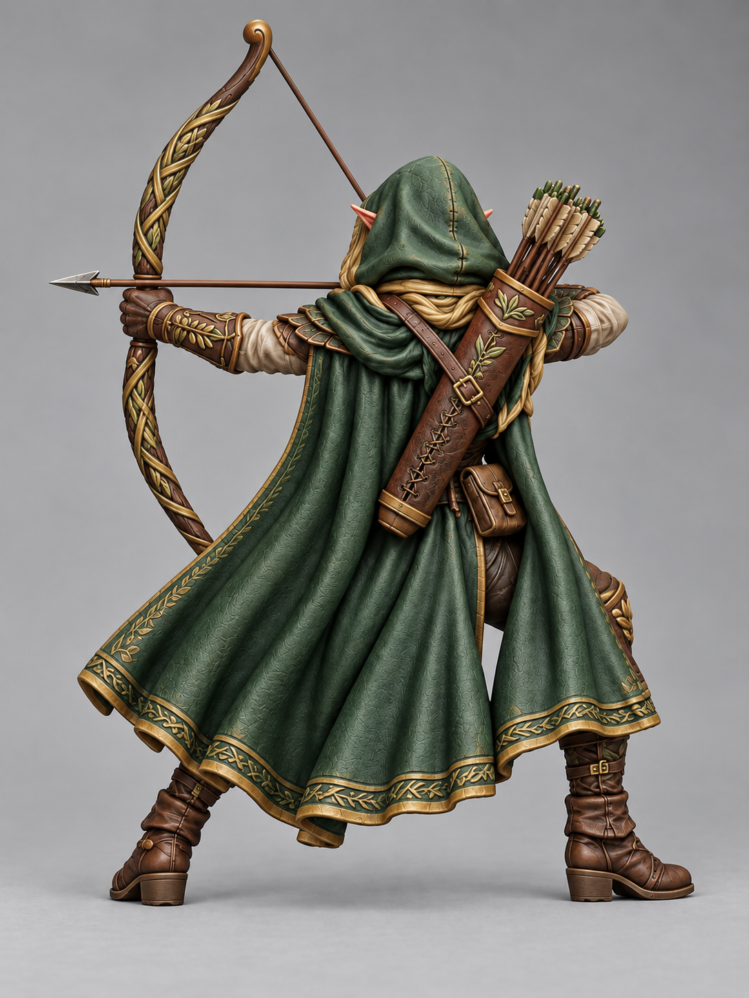 Painted wood elf ranger miniature in crouched pose, rear view
