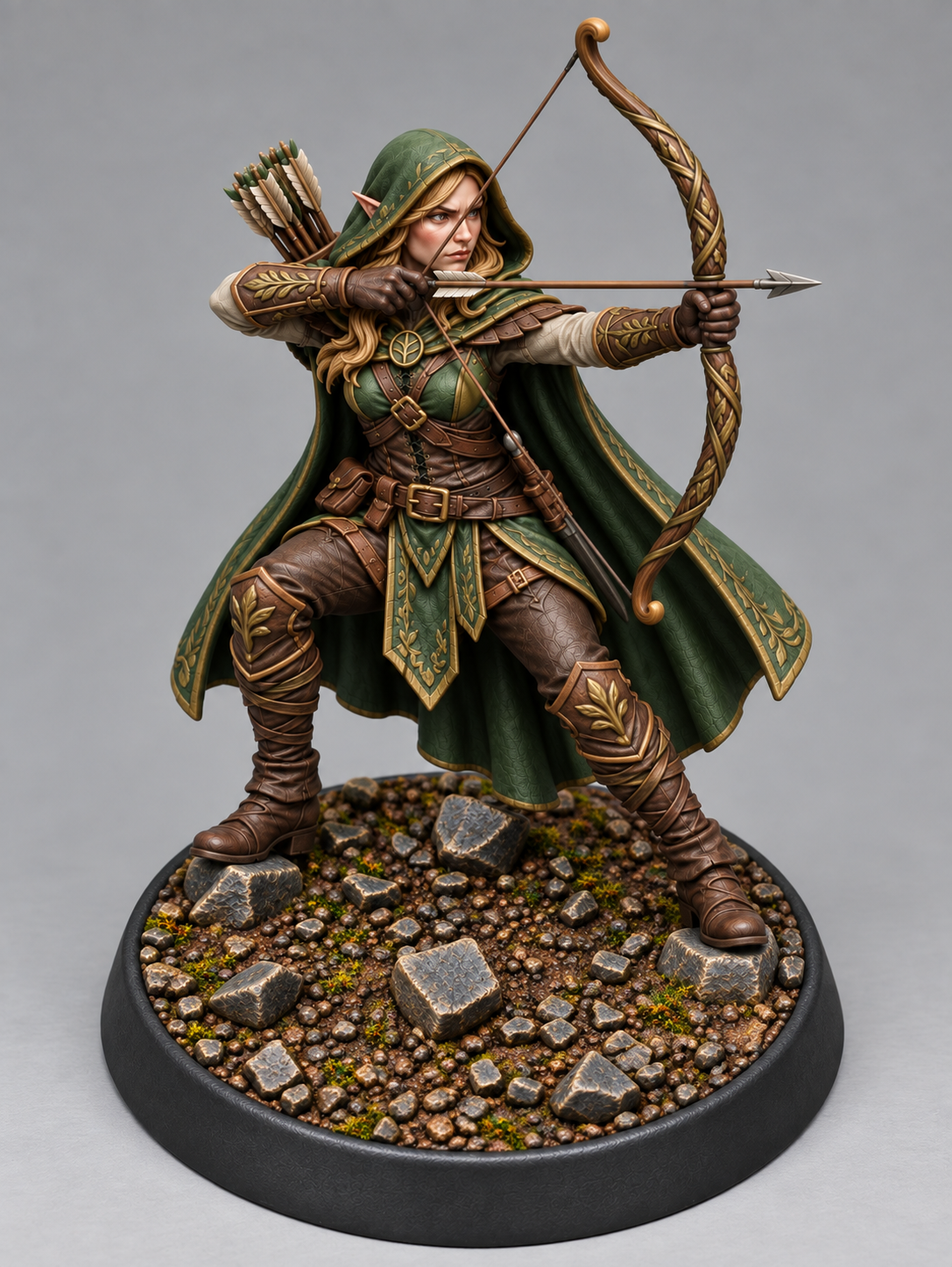 Painted wood elf ranger miniature in crouched pose on themed base, front view