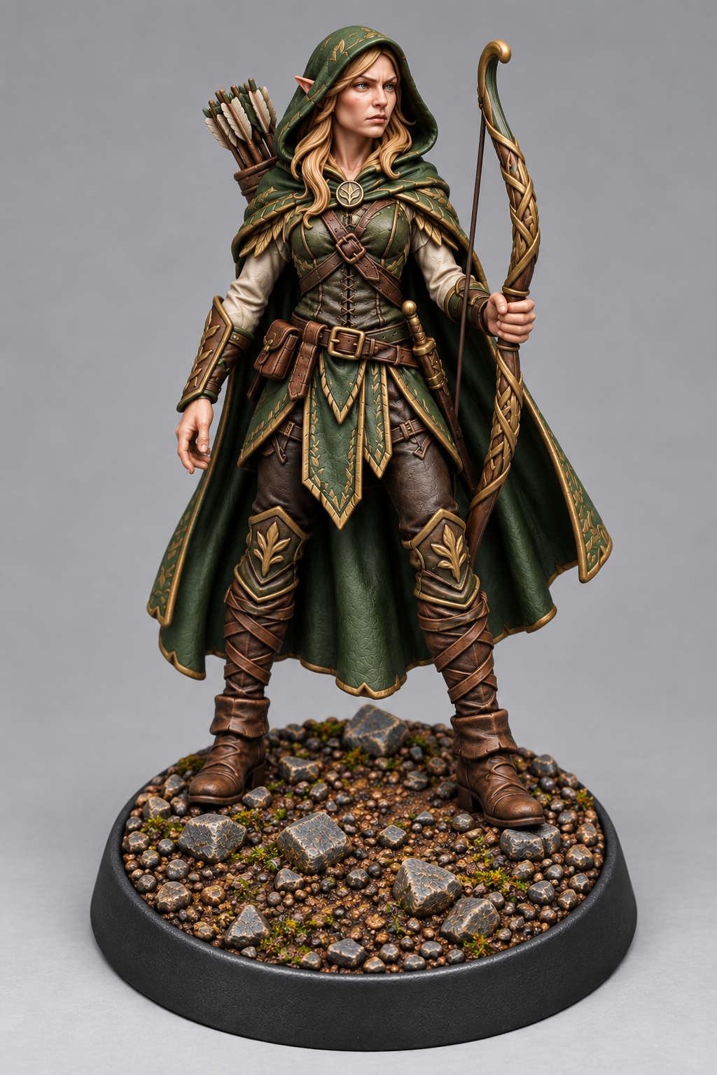 Painted wood elf ranger miniature on themed base, front view