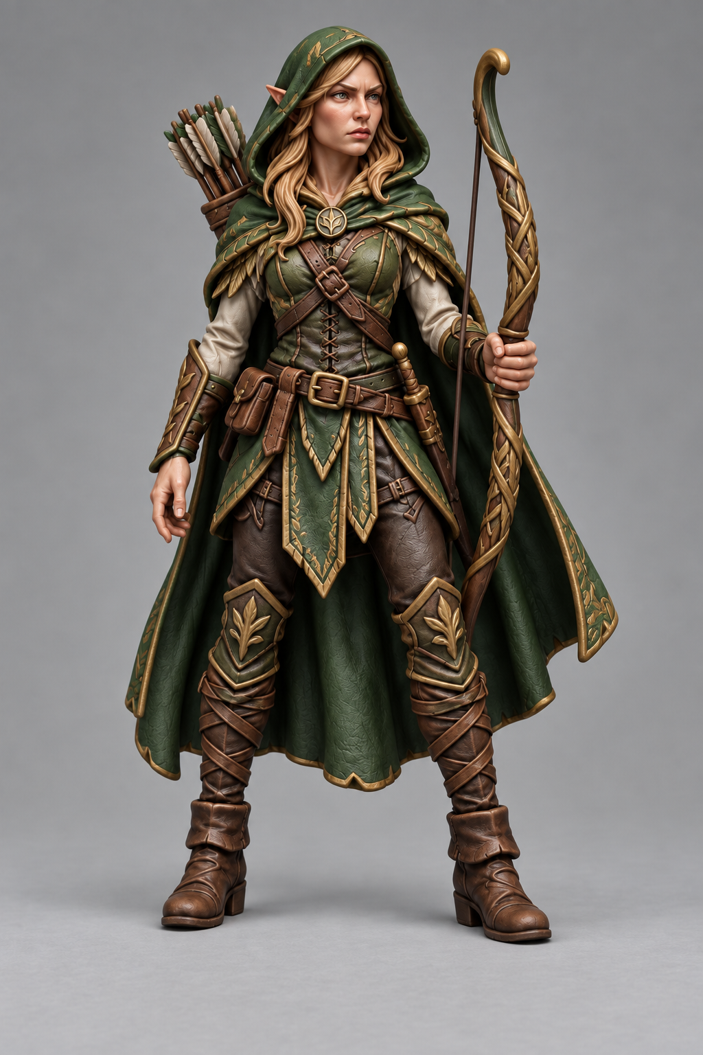 Painted wood elf ranger miniature, front view