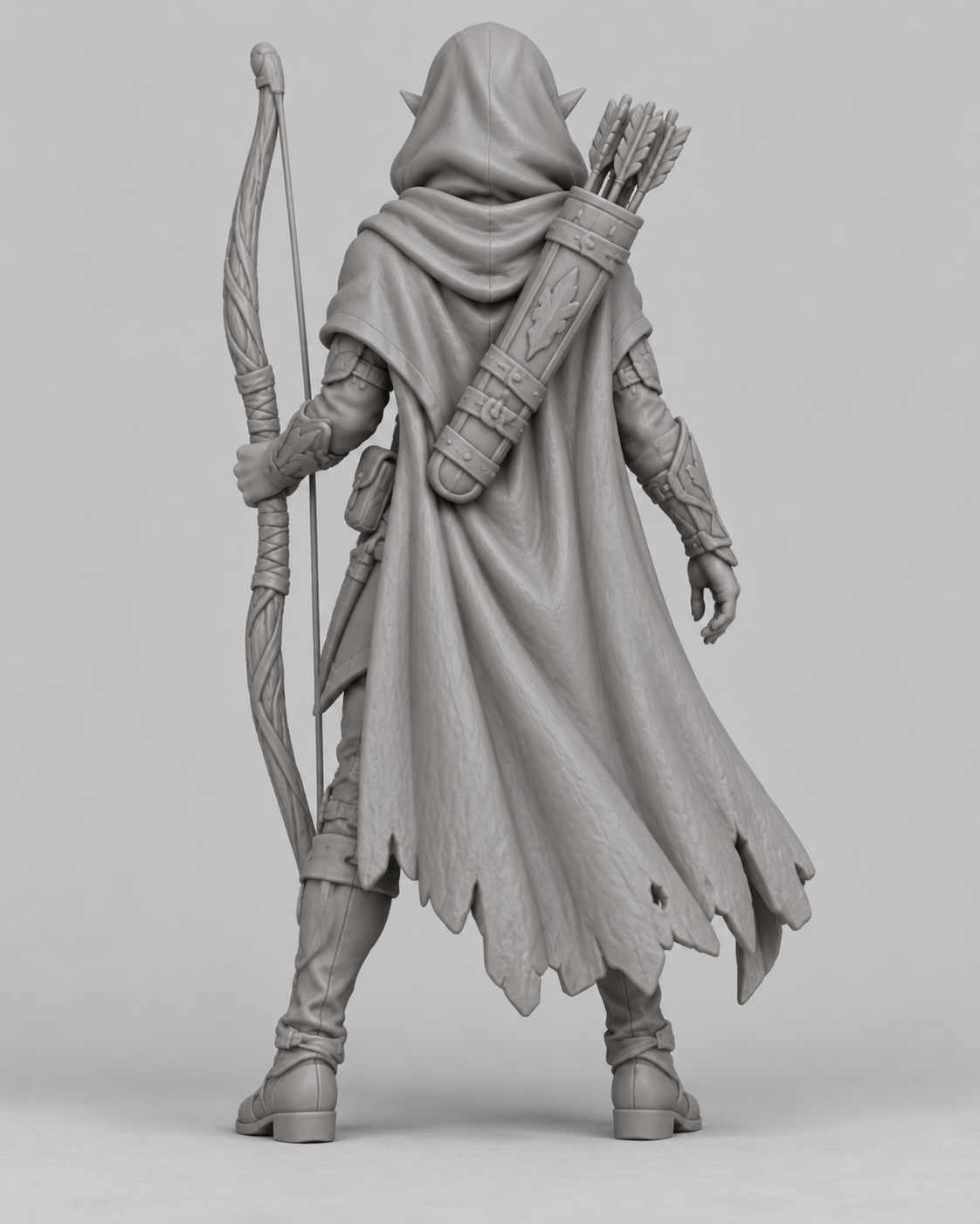 Unpainted wood elf ranger miniature, rear view