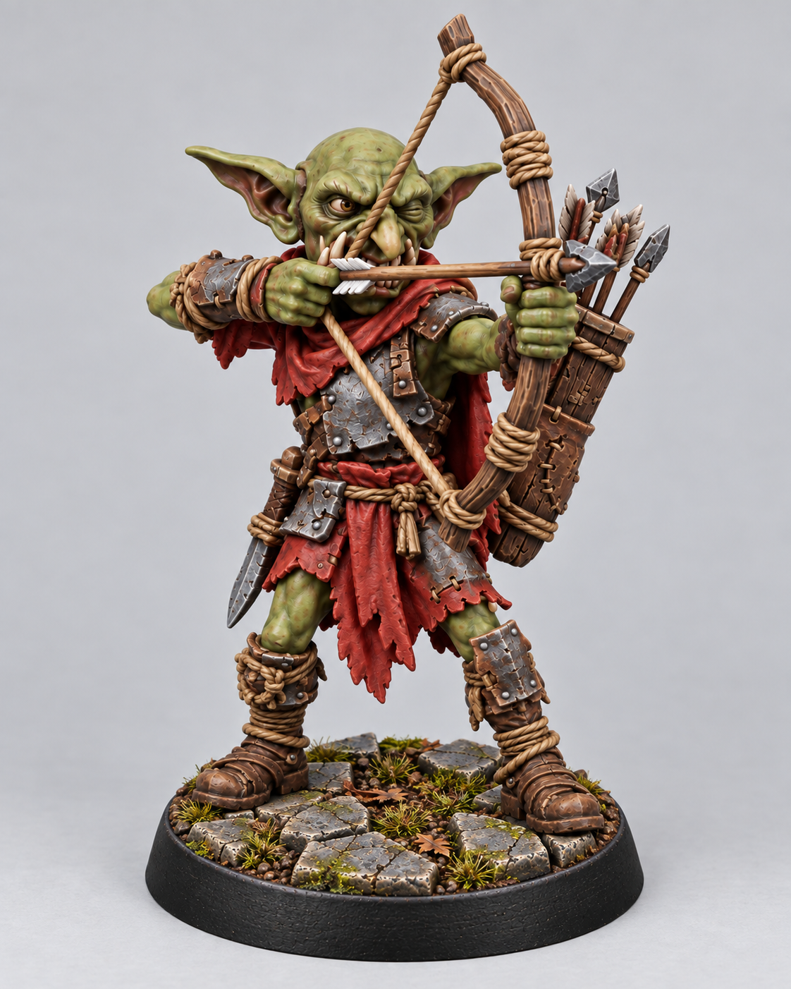 Goblin Archer painted green and red on a Broken Dungeonstone presentation base; supplied unpainted.