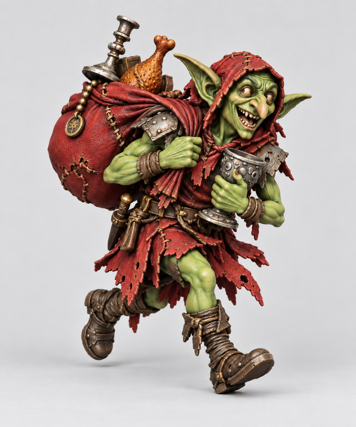 Goblin Looter painted without a base, green skin, red cloth, brown leather and metal equipment; painting inspiration.