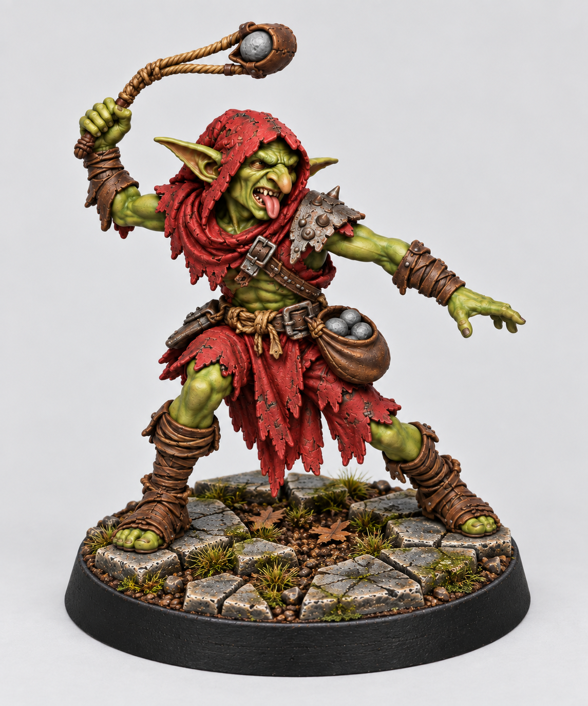 Goblin Slinger painted green and red on a Broken Dungeonstone presentation base; supplied unpainted.