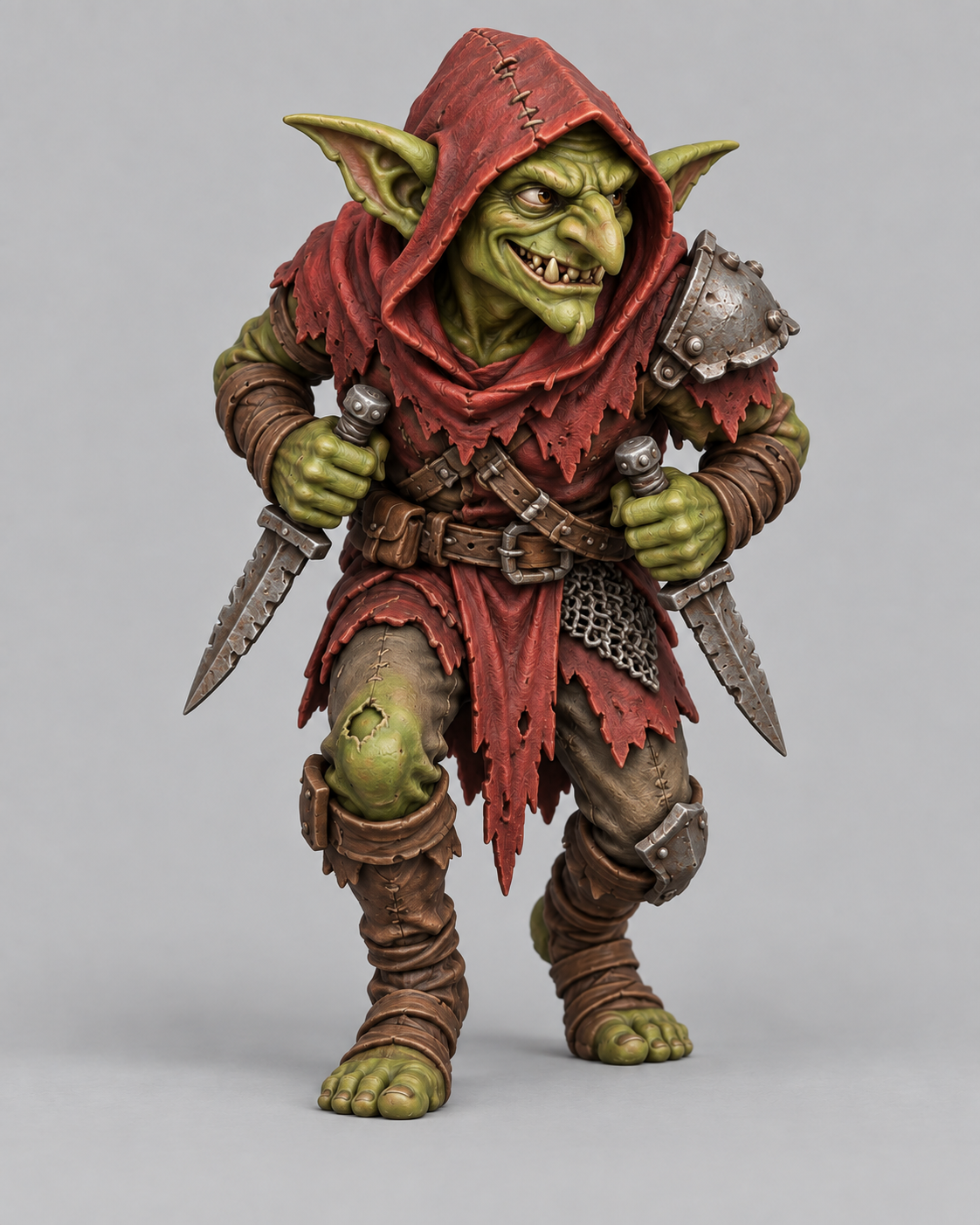 Goblin Sneak painted without a base, green skin, red cloth, brown leather and metal equipment; painting inspiration.