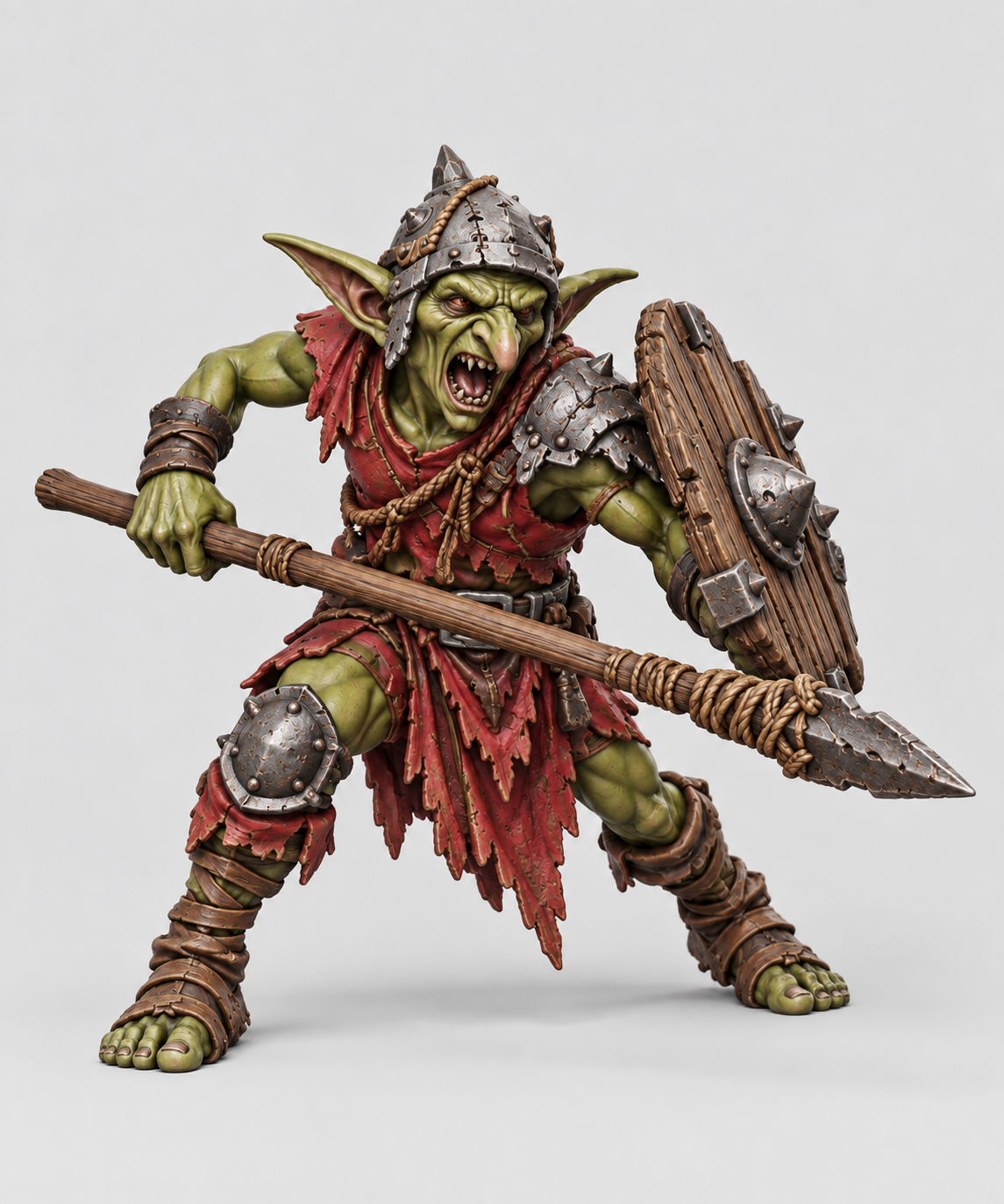 Goblin Spearman 1 painted without a base, green skin, red cloth, brown leather and metal equipment; painting inspiration.