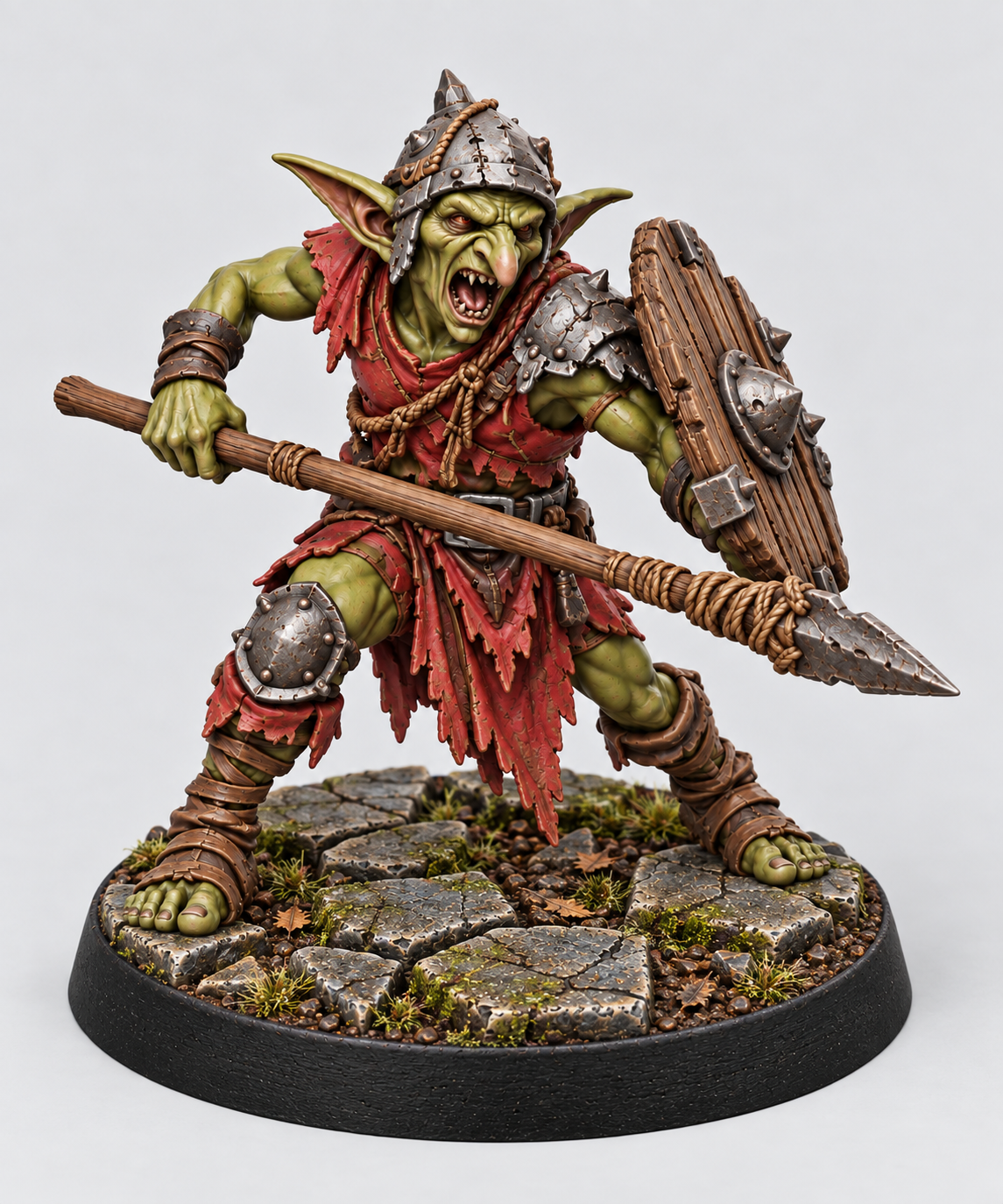 Goblin Spearman 1 with green skin, red cloth, spear and shield on Broken Dungeonstone; supplied unpainted.
