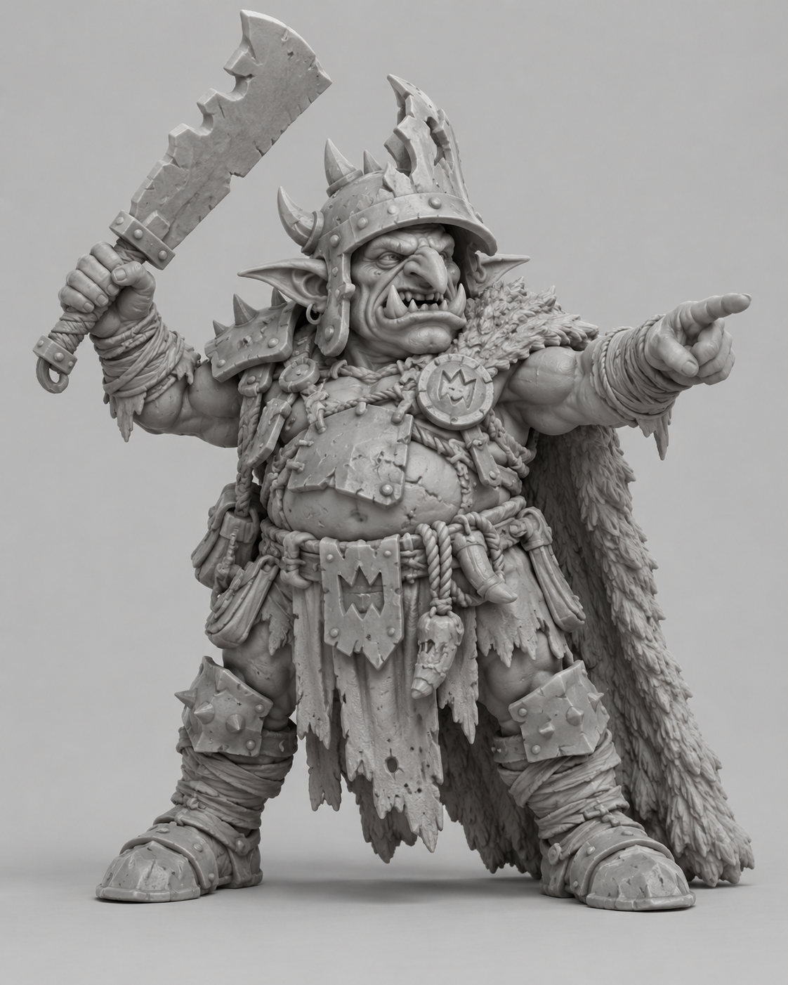 Original gray Goblin Warboss reference with raised cleaver, pointing hand, spiked helmet and fur cloak.
