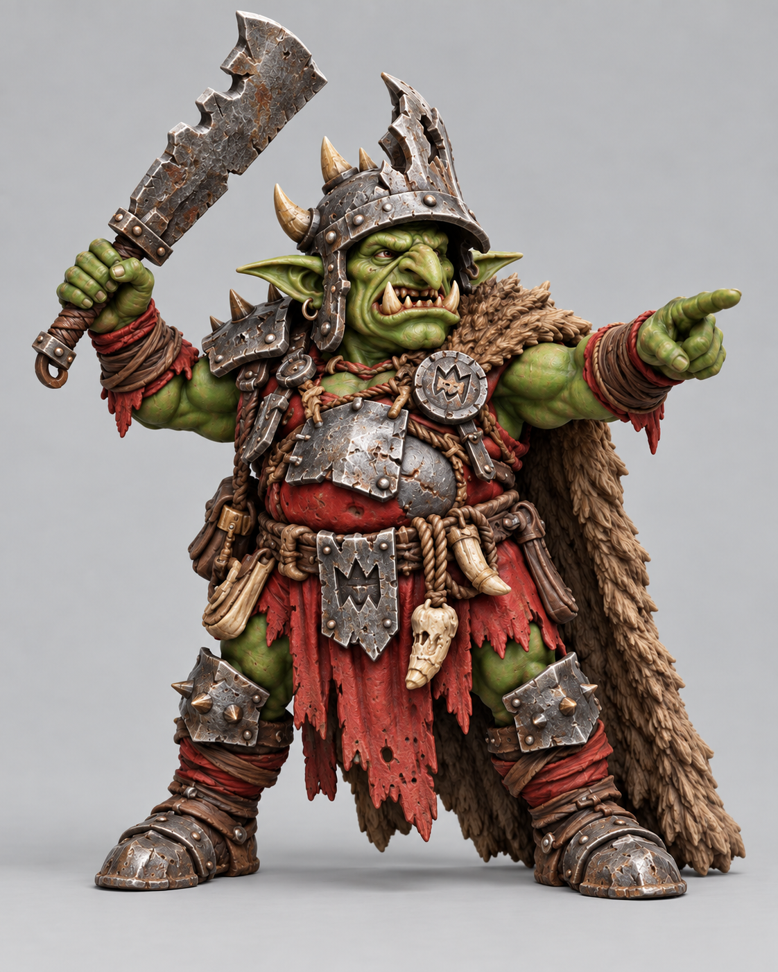 Painted Goblin Warboss without a base, showing green skin, red cloth, brown leather and weathered metal armor; painting inspiration.