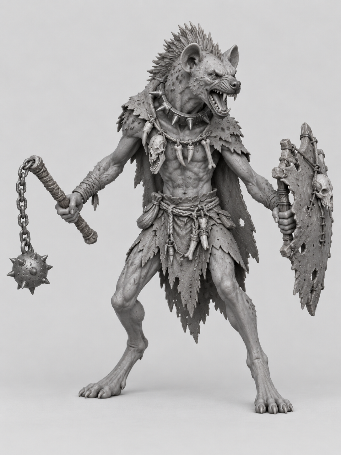 Original gray reference of the male Gnoll Raider with flail and shield.