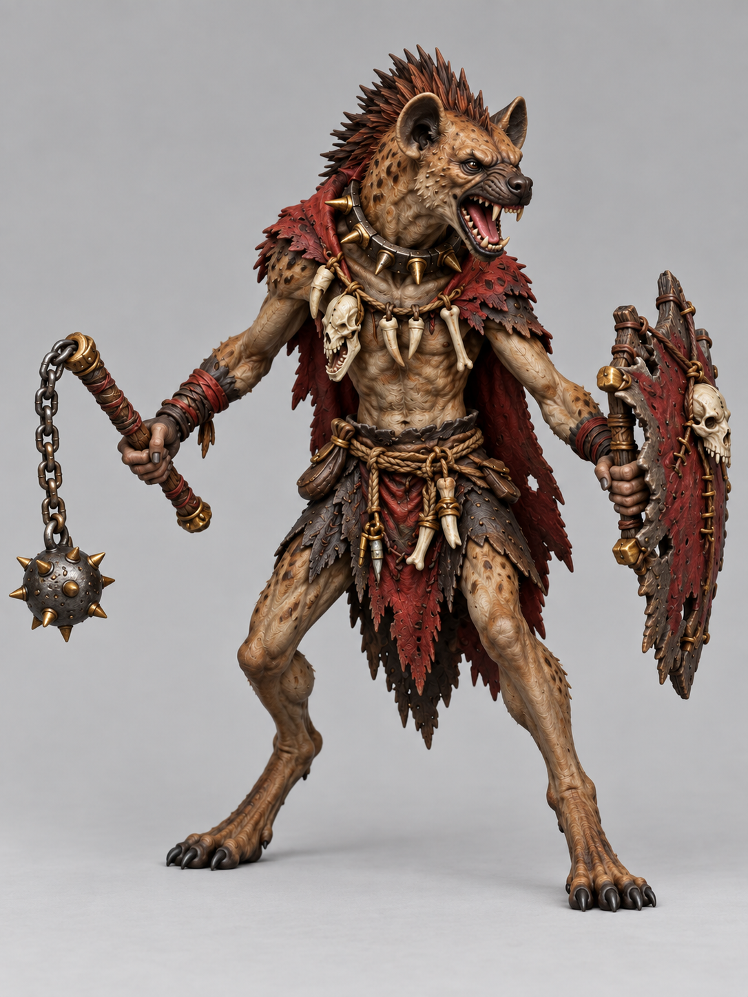 Gnoll Raider with flail and shield, painted in spotted tan fur, red cloth, brown leather and metal; supplied unpainted.