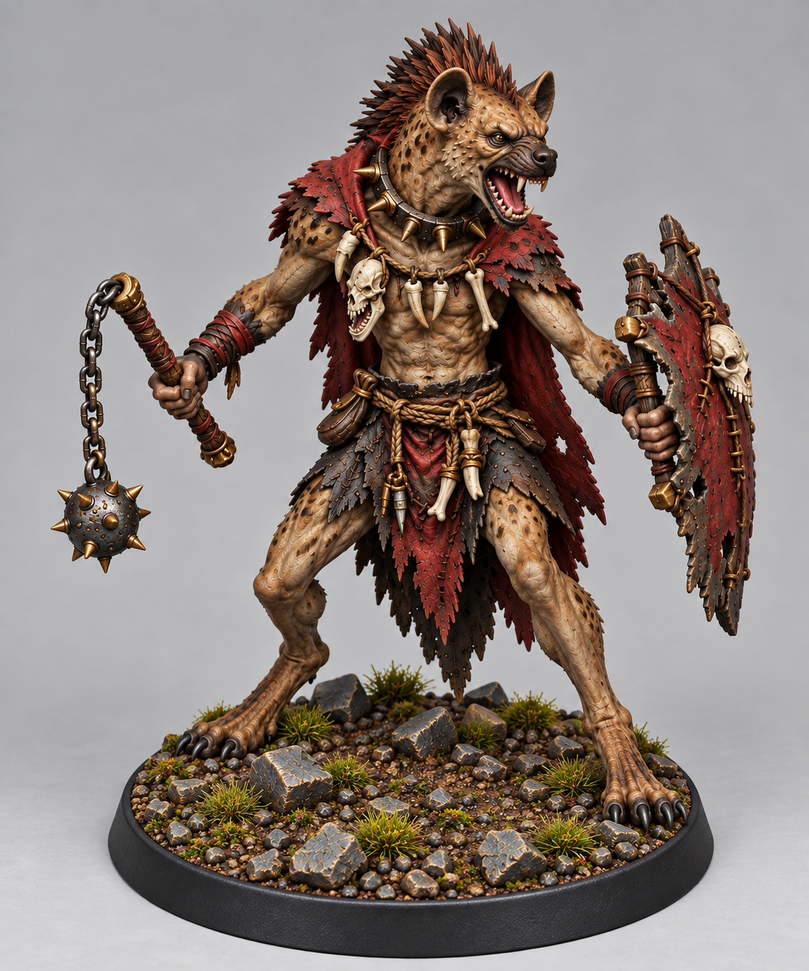 Male Gnoll Raider with flail and shield, painted on a Rock Rubble base; supplied unpainted.