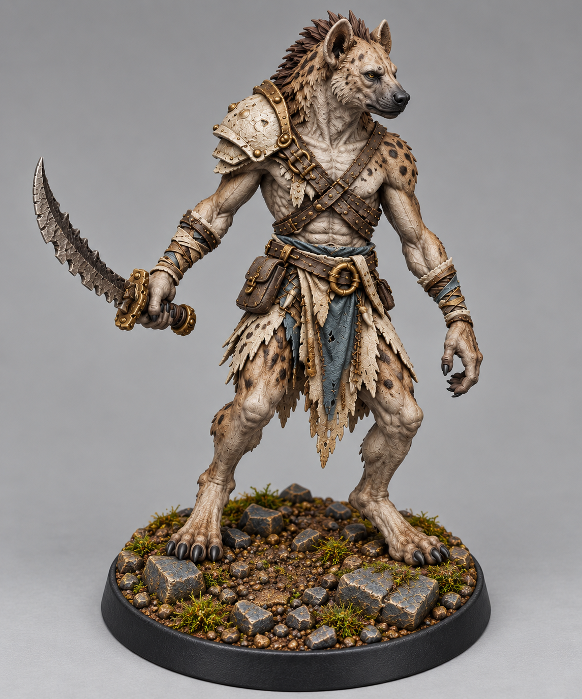 Male Gnoll Raider with curved sword, painted on a Rock Rubble base; supplied unpainted.