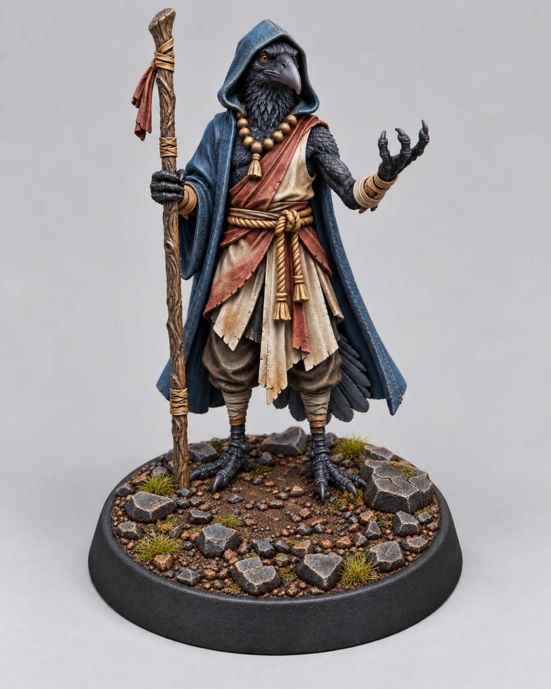 Painted kenku monk miniature with staff on themed base, front view