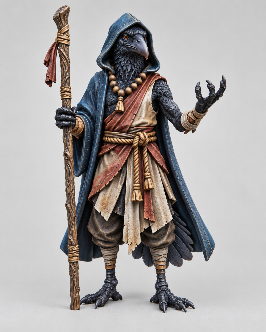 Painted kenku monk miniature with staff, front view