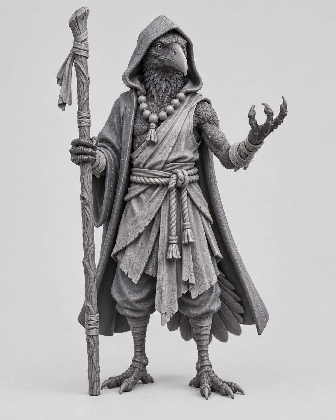 Unpainted kenku monk miniature with staff, front view