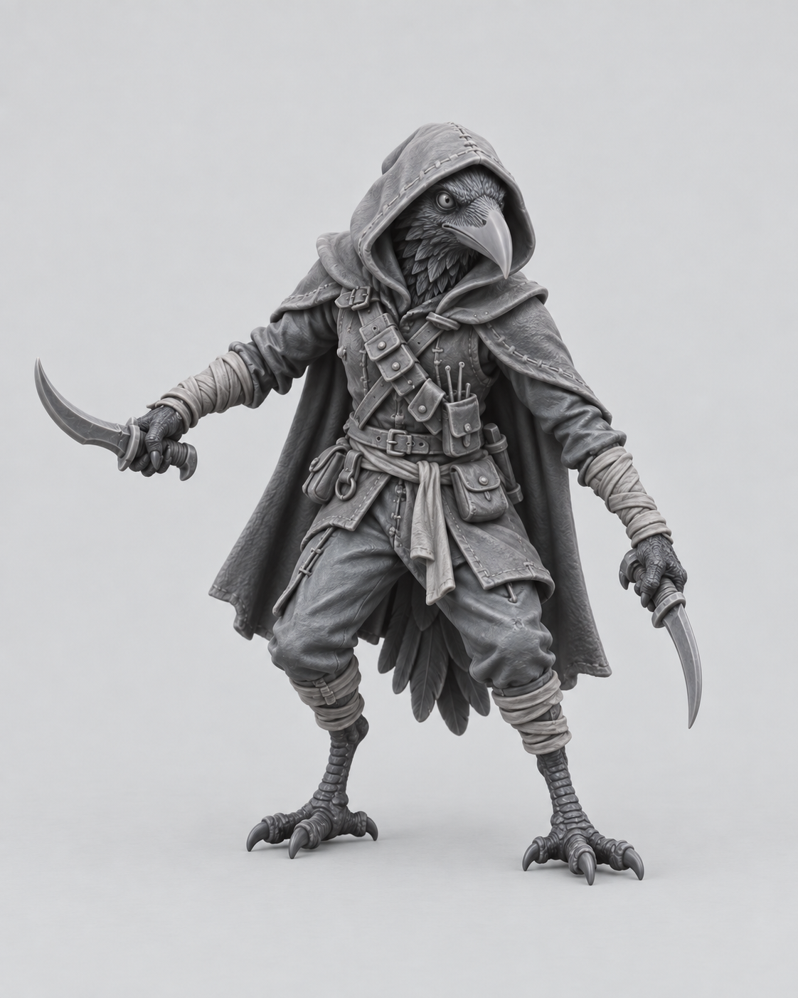 Unpainted kenku rogue miniature with dual weapons, front view