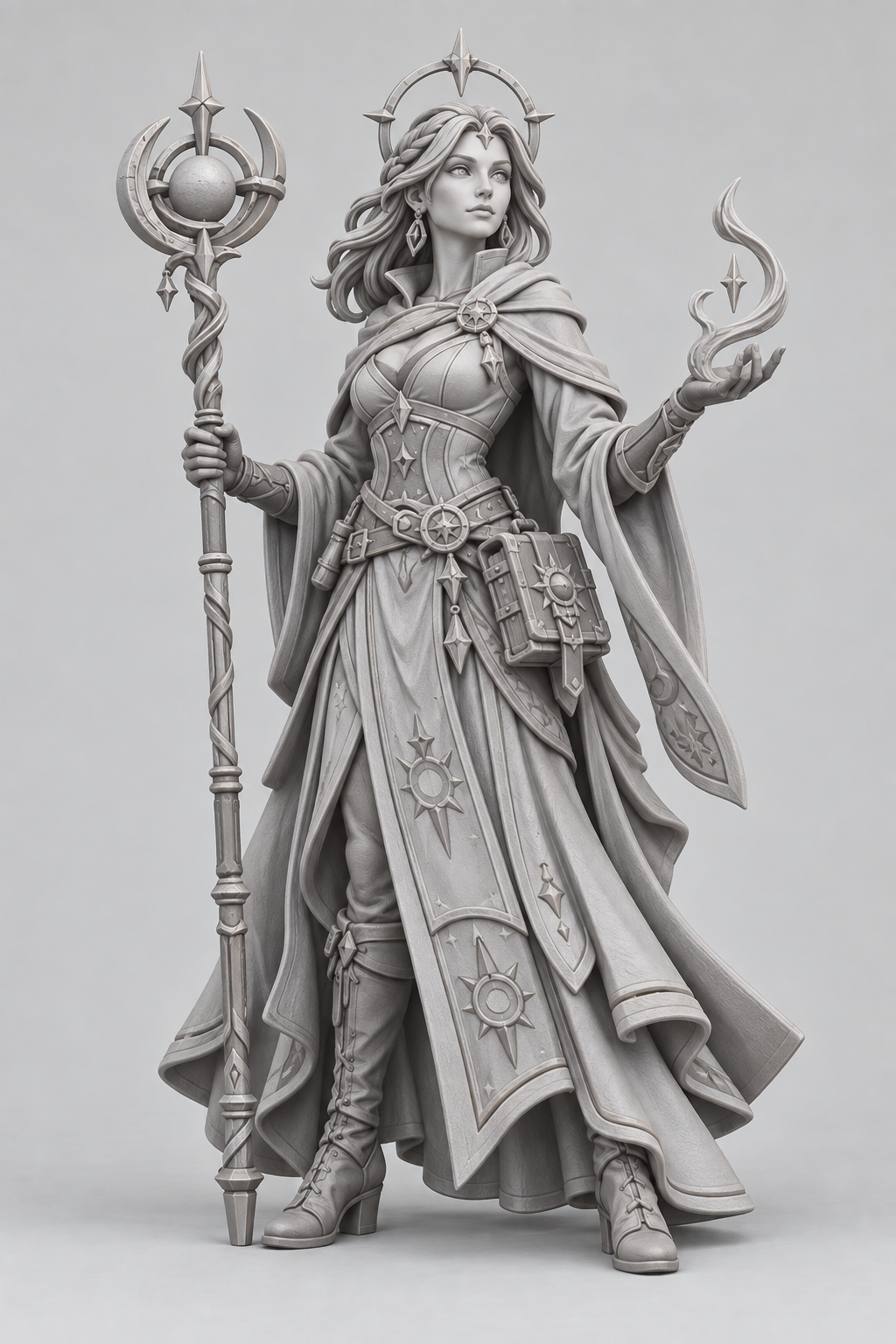 Approved original gray reference of Lumessa, female aasimar wizard with celestial staff and halo