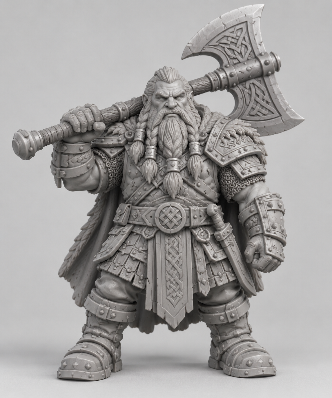 Unpainted dwarf warrior miniature, front view