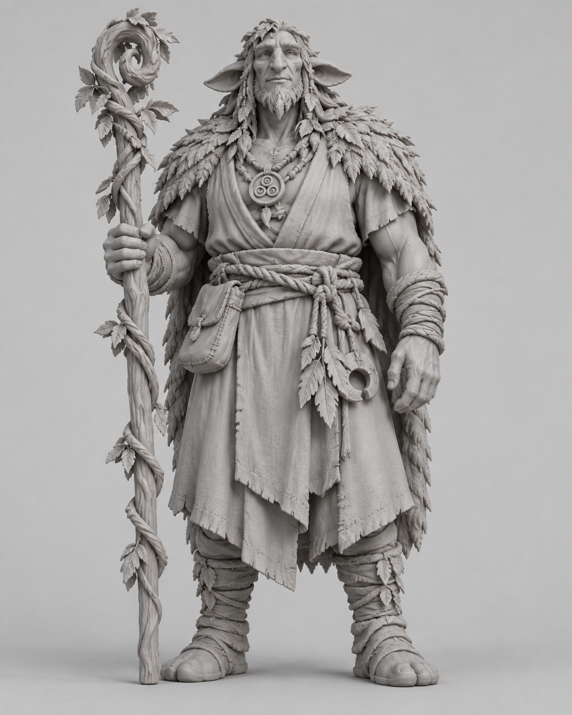 Unpainted firbolg druid miniature, front view