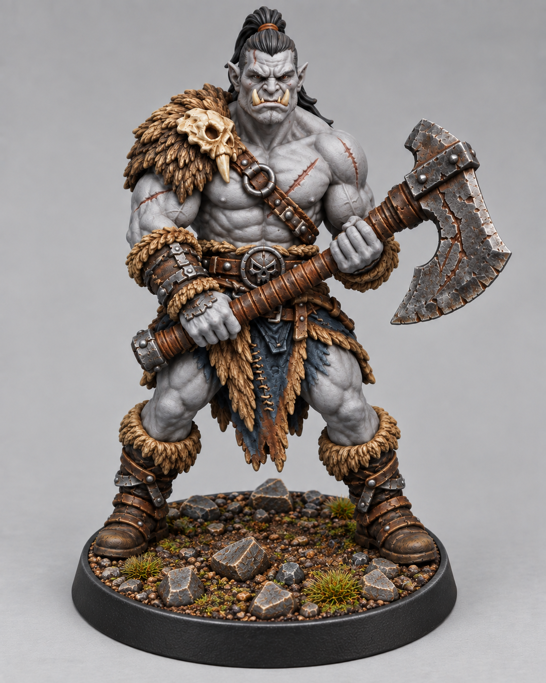 Painted half-orc barbarian miniature on themed base, front view
