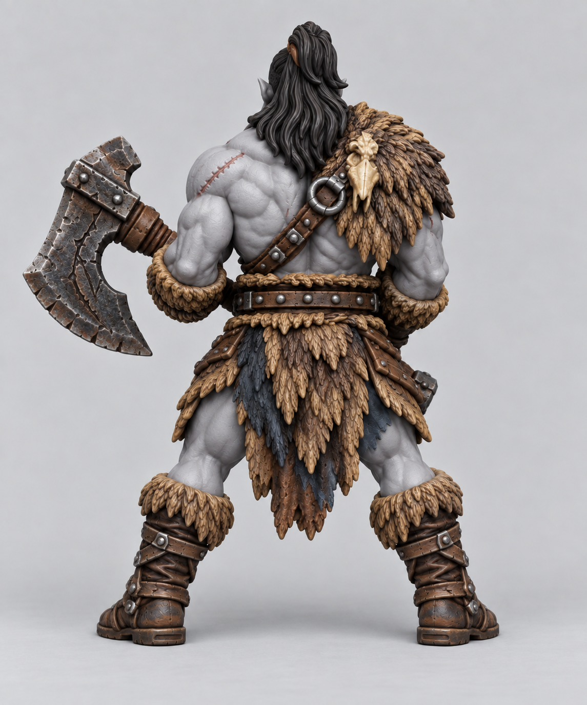 Painted half-orc barbarian miniature, rear view