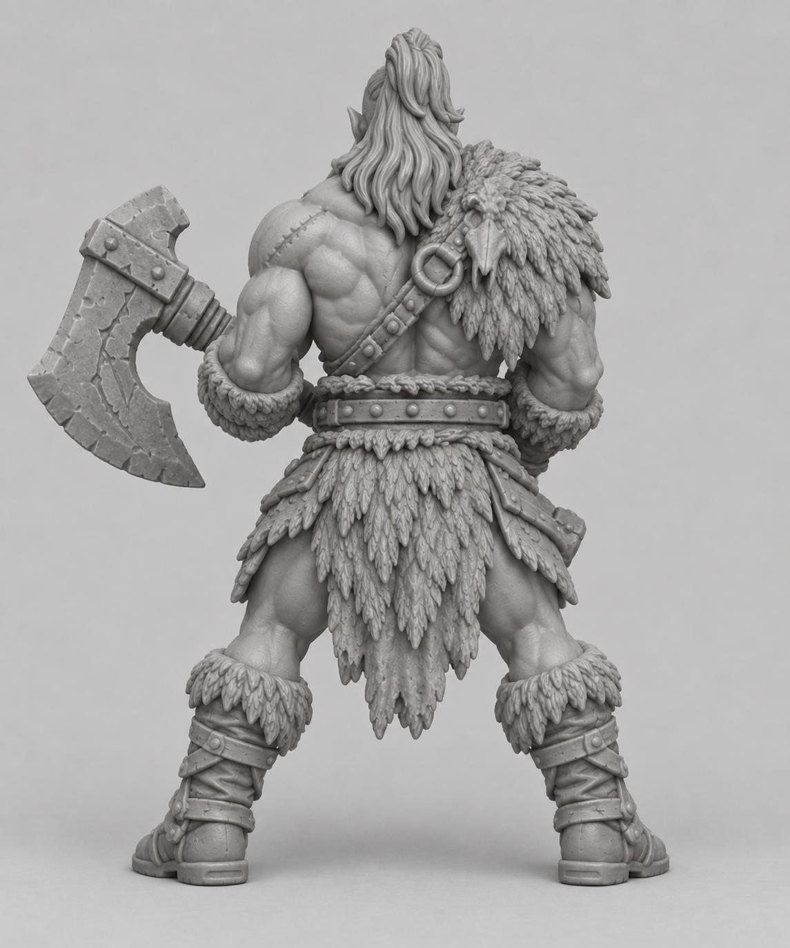 Unpainted half-orc barbarian miniature, rear view