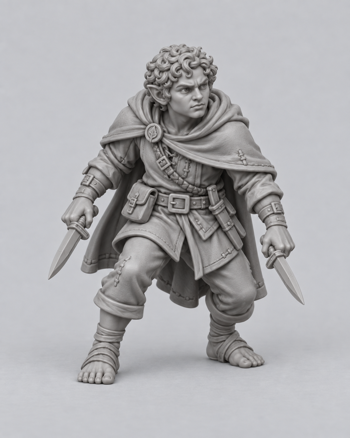 Unpainted halfling rogue miniature, front view