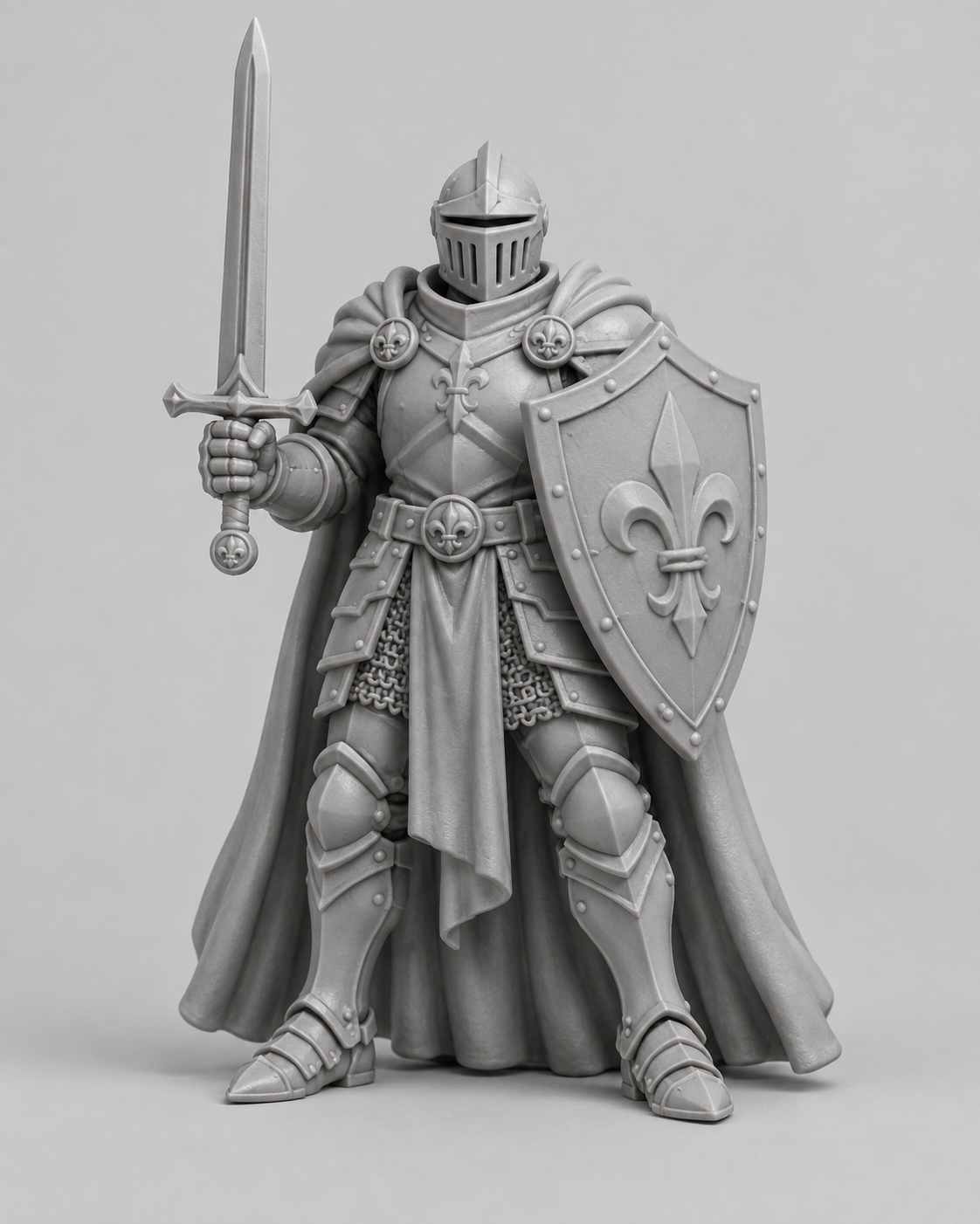 Unpainted human knight miniature, front view