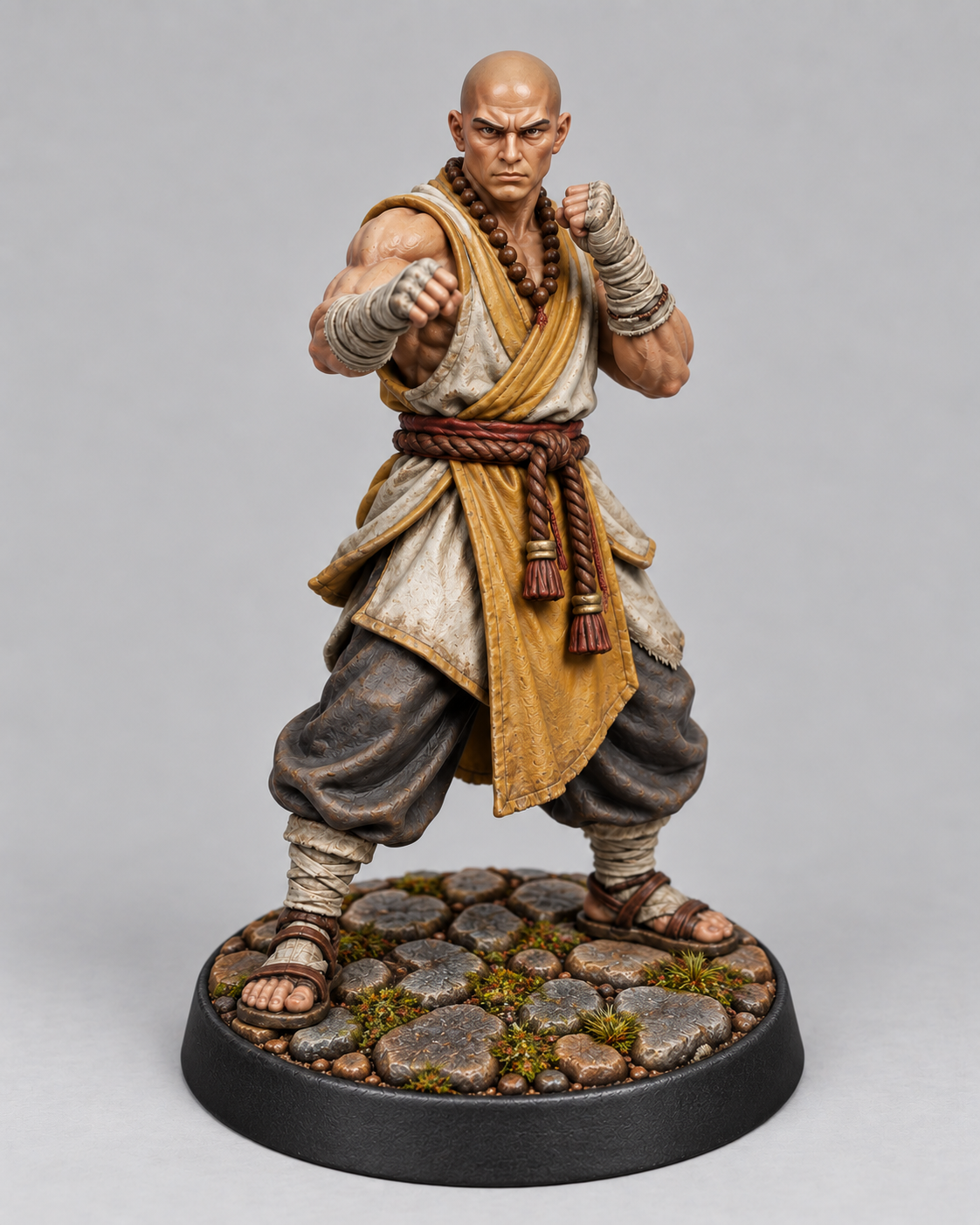 Painted human monk miniature on themed base, front view