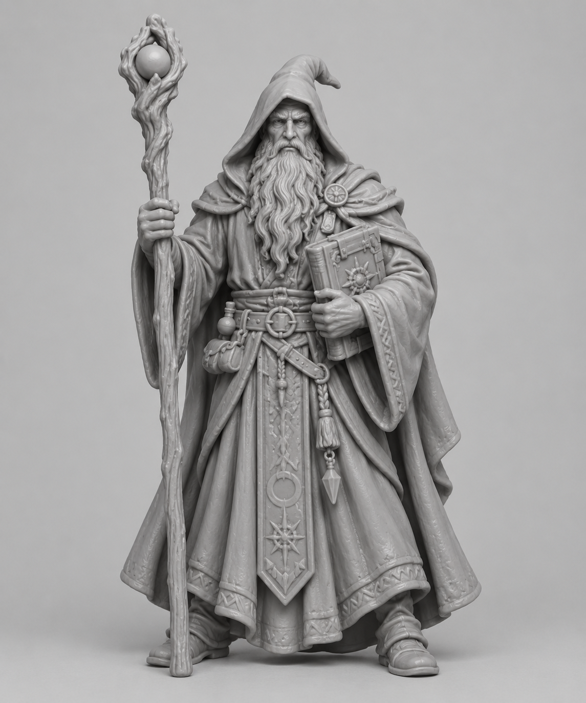 Unpainted human wizard miniature, front view