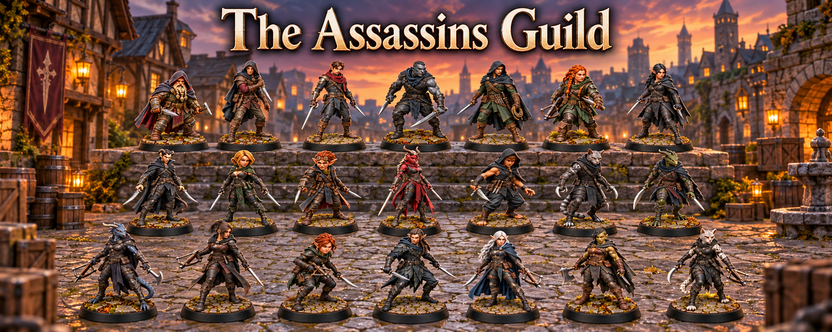 The Assassin's Guild miniature set lineup of fantasy assassins