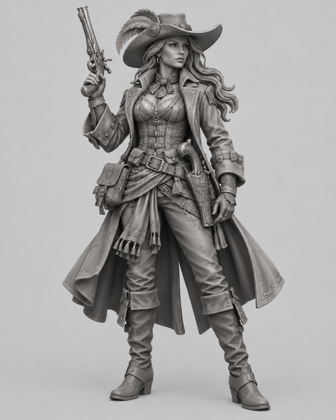 Approved original gray reference of Valeria, female human gunslinger with pistols and wide-brimmed hat