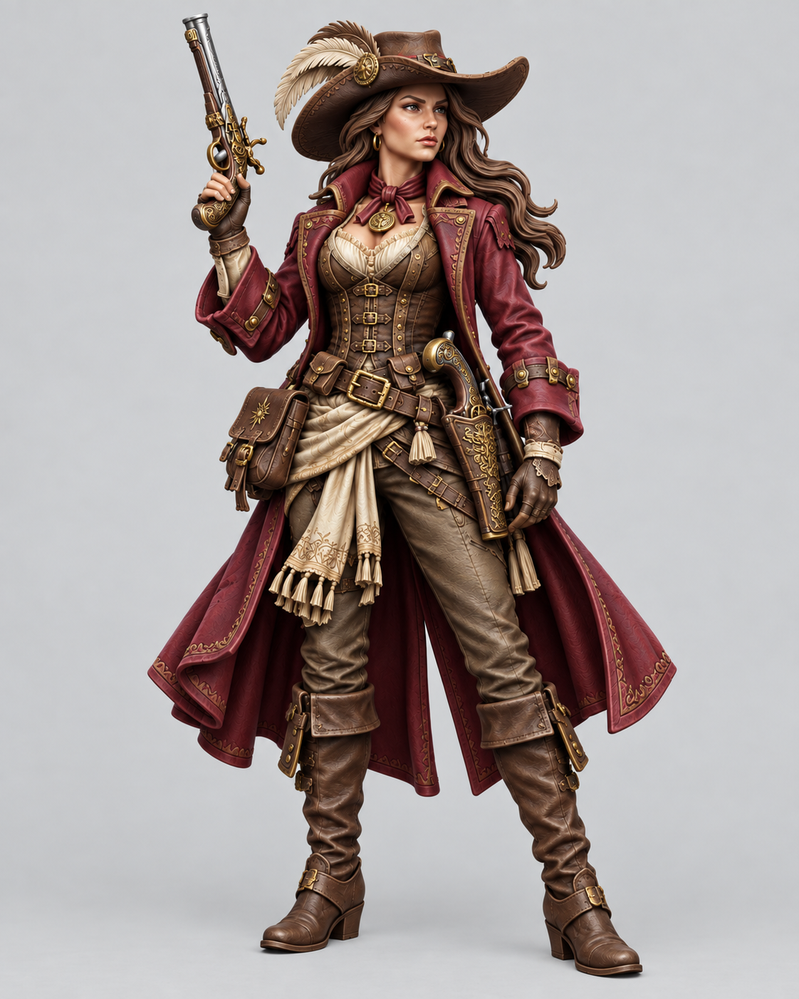 Painted Valeria female human gunslinger without a base, with burgundy coat and steel pistols; supplied unpainted
