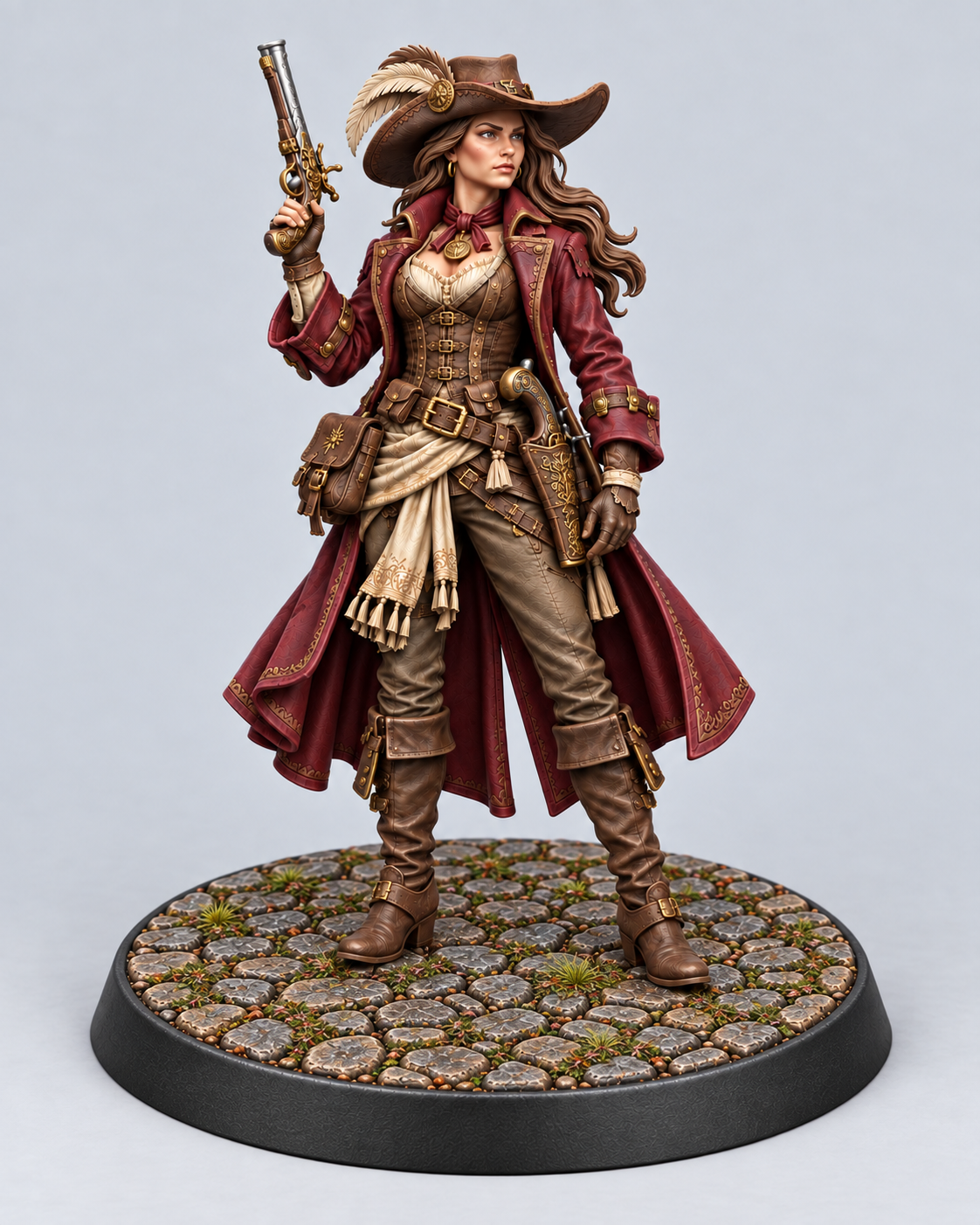 Painted Valeria female human gunslinger on a cobblestone presentation base; miniature supplied unpainted