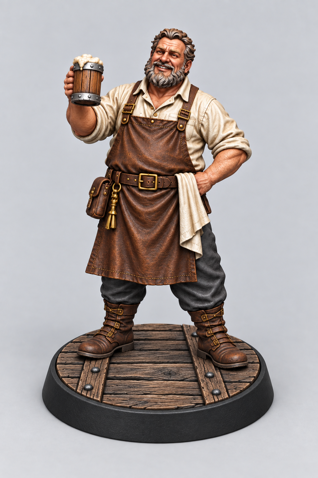 Wolfgang, male Human bartender raising a tankard on a Wood Plank base; painting example.