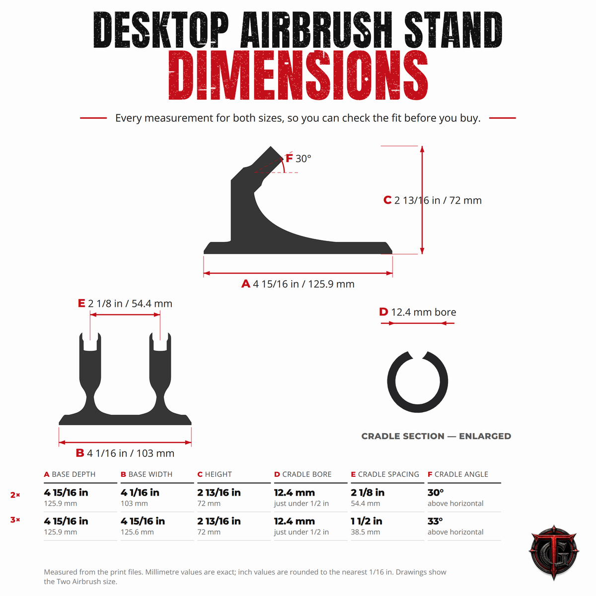 Dimension diagram for the desktop airbrush stand: base depth, base width, height, cradle bore, cradle spacing and cradle angle for both the two and three airbrush sizes