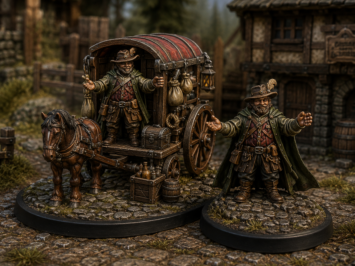 Merchant and caravan pack miniatures, unpainted resin