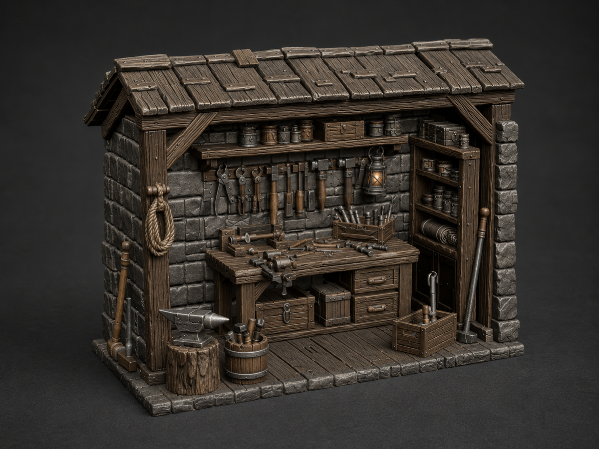 Blacksmith workshop shed terrain, 32mm, unpainted resin