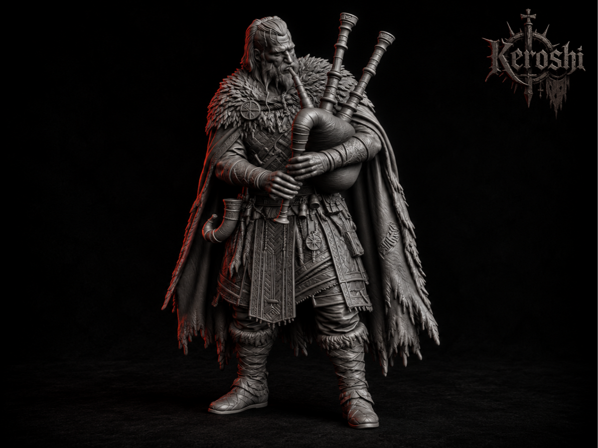 Viking bagpiper miniature, 32mm, unpainted resin