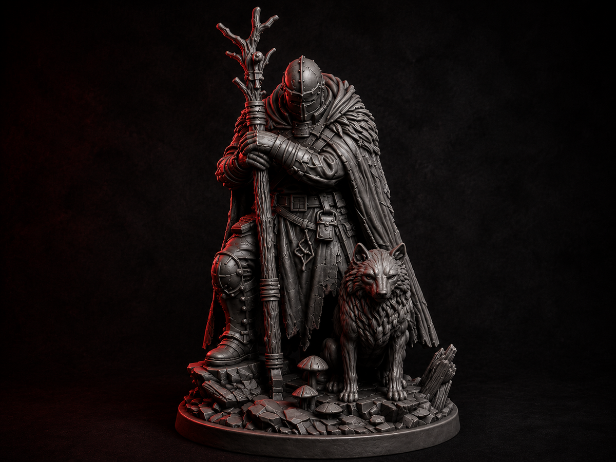 Lone knight with wolf miniature, 32mm, unpainted resin