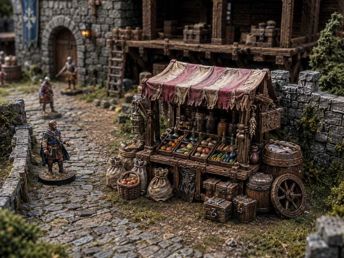 Town market stall terrain, 32mm, unpainted resin