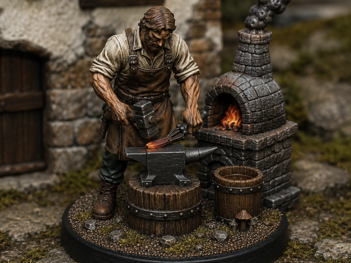 Town blacksmith miniature, unpainted resin