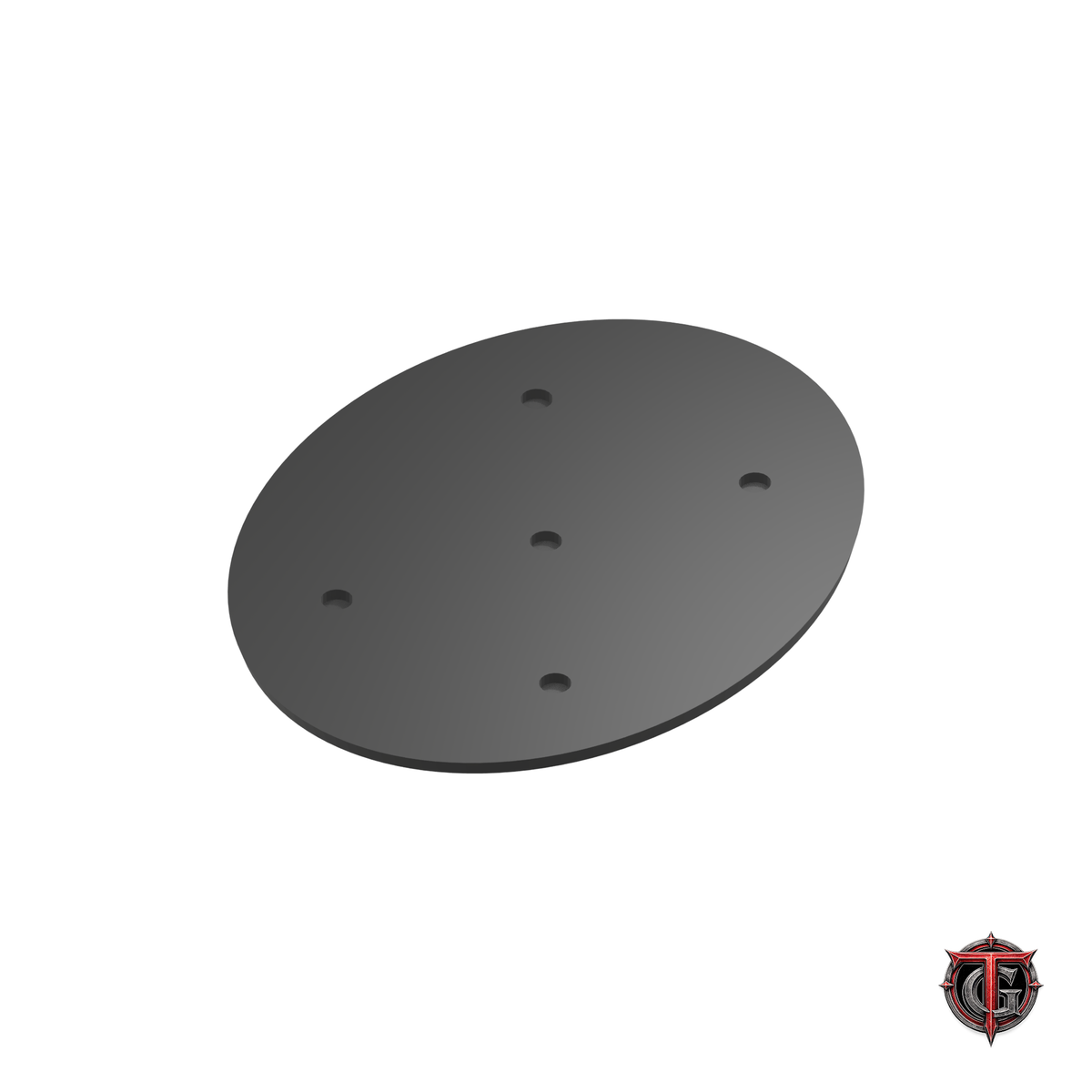 120 × 92 mm black beveled oval base, underside showing distributed magnet recesses, with Terrain Genesis logo.